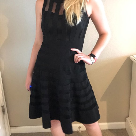 Dobby Mesh Striped Little Black Dress - Picture 4 of 10